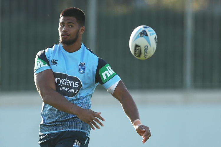 PAYNE HAAS passes during a New South Wales Blues State of Origin training session at NSWRL Centre of Excellence Field in Sydney, Australia.