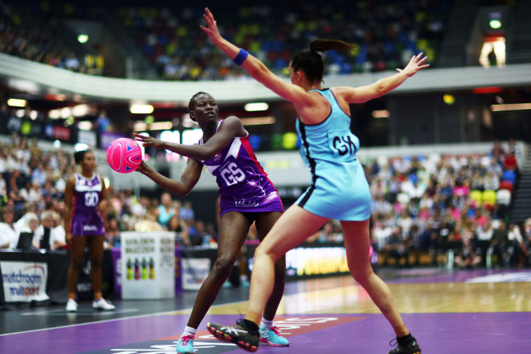 PEACE PROSCOVIA of Loughborough Lightning in action during her teams match during the British Fast5 Netball All-Stars Championship at Copper Box Arena in London, England.