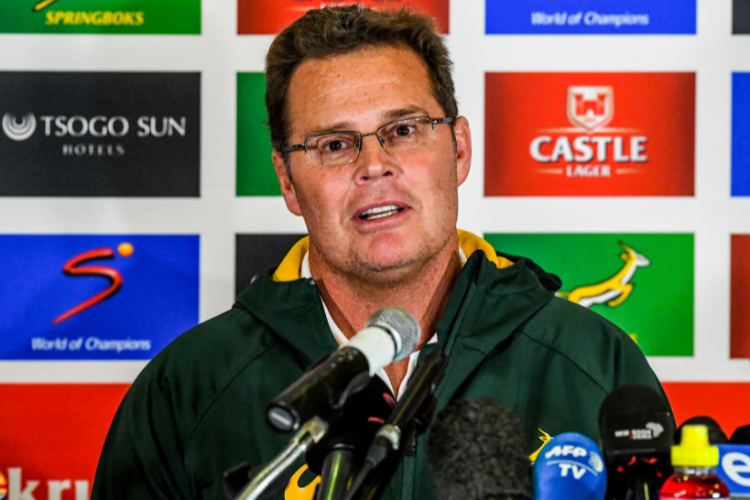 RASSIE ERASMUS (coach) of the Springboks speaks at a press conference at Emirates Airline Park in Johannesburg, South Africa.