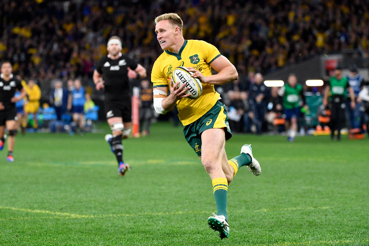 REECE HODGE of the Wallabies scores a try during the Rugby Championship Test Match between the Australian Wallabies and the New Zealand All Blacks at Optus Stadium on in Perth, Australia