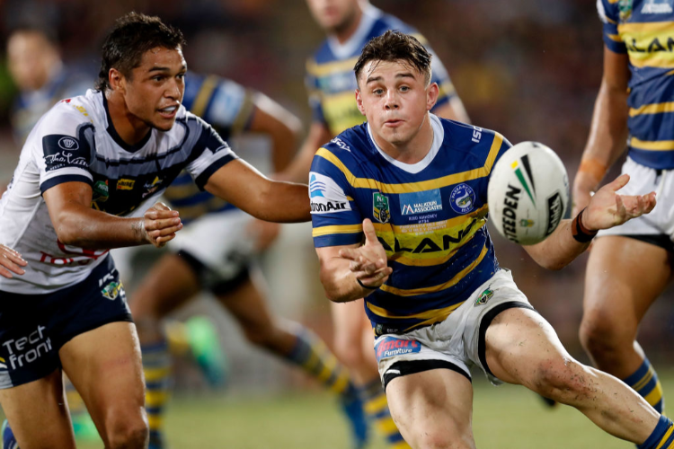 REED MAHONEY of the Eels passes the ball during the NRL match between the Parramatta Eels and the North Queensland Cowboys at TIO Stadium in Darwin, Australia.