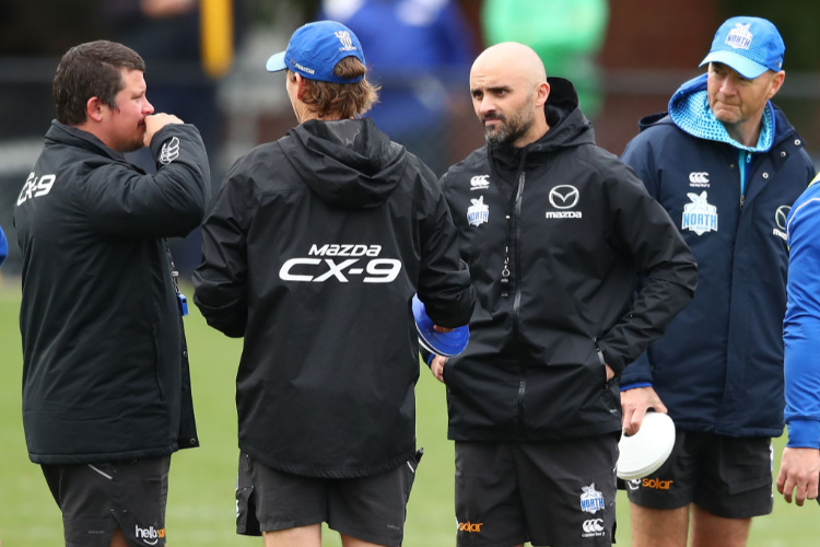 Interim coach of the Kangaroos RHYCE SHAW speaks during a North Melbourne Kangaroos AFL training session at Arden Street Ground in Melbourne, Australia.