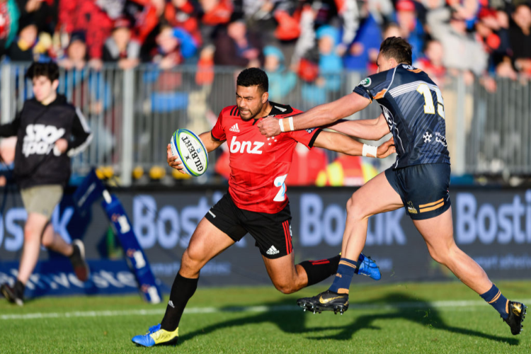 RICHIE MO'UNGA of the Crusaders charges forward during the Super Rugby match between the Crusaders and Brumbies at Christchurch Stadium in Christchurch, New Zealand.