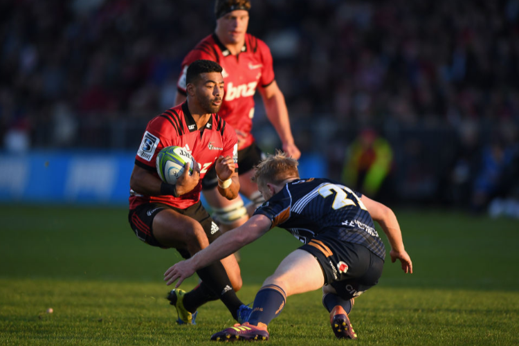 RICHIE MO'UNGA of the Crusaders charges forward during the Super Rugby match between the Crusaders and Brumbies at Christchurch Stadium in Christchurch, New Zealand.