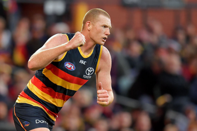 SAM JACOBS of the Crows celebrates after kicking a goal during the round 15 AFL match between the Adelaide Crows and the West Coast Eagles at Adelaide Oval in Adelaide, Australia.