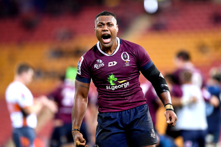 SAMU KEREVI of the Reds celebrates victory after the Super Rugby match between the Reds and the Blues at Suncorp Stadium in Brisbane, Australia.