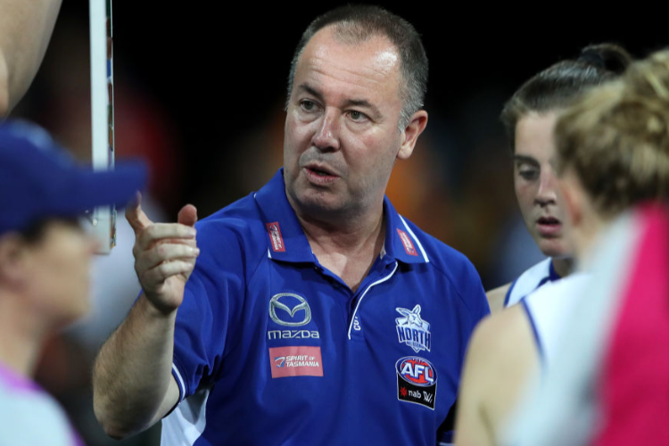 Kangaroos coach SCOTT GOWANS talks to players during the AFLW match between the Greater Western Sydney Giants and North Melbourne Kangaroos at Drummoyne Oval in Sydney, Australia. Kangaroos coach SCOTT GOWANS talks to players during the AFLW match between the Greater Western Sydney Giants and North Melbourne Kangaroos at Drummoyne Oval in Sydney, Australia.