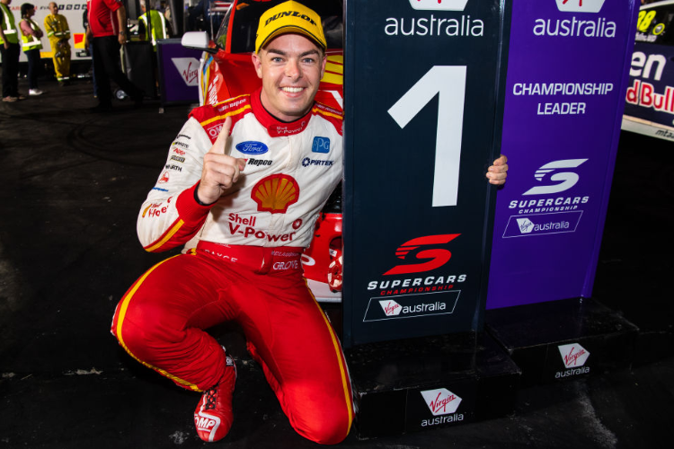 SCOTT MCLAUGHLIN driver of the #17 Shell V-Power Racing Team Ford Mustang celebrates after winning the Perth Supernight as part of the Supercars Championship at Barbagallo Raceway in Perth, Australia.