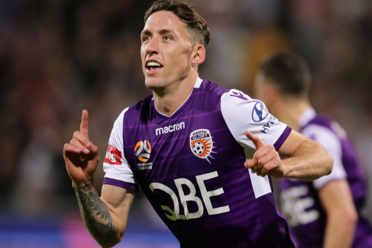 SCOTT NEVILLE of the Glory celebrates after scoring a goal in extra time during the A-League Semi Final match between the Perth Glory and Adelaide United at HBF Park in Perth, Australia.