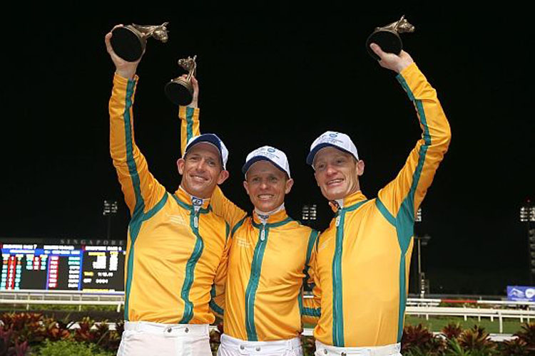Mark Zahra (right with Team Australia teammates Hugh Bowman and Kerrin McEvoy at last September's PGI Jockeys Challenge)
