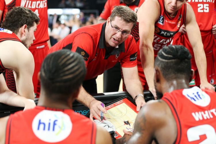 TREVOR GLEESON Perth Wildcats coach speaks to his players during the NBL match between the Melbourne United and the Perth Wildcats at Hisense Arena on in Melbourne, Australia.