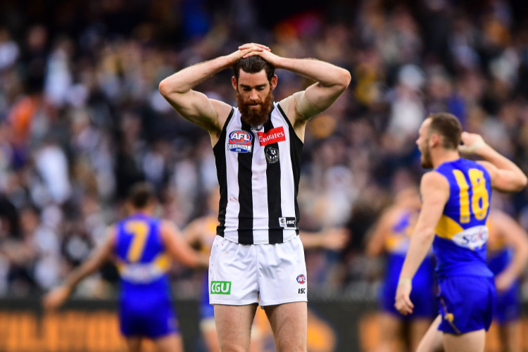 TYSON GOLDSACK of the Magpies is dejected after the loss during the AFL Grand Final match between the West Coast Eagles and the Collingwood Magpies at the MCG in Melbourne, Australia. TYSON GOLDSACK of the Magpies is dejected after the loss during the AFL Grand Final match between the West Coast Eagles and the Collingwood Magpies at the MCG in Melbourne, Australia.