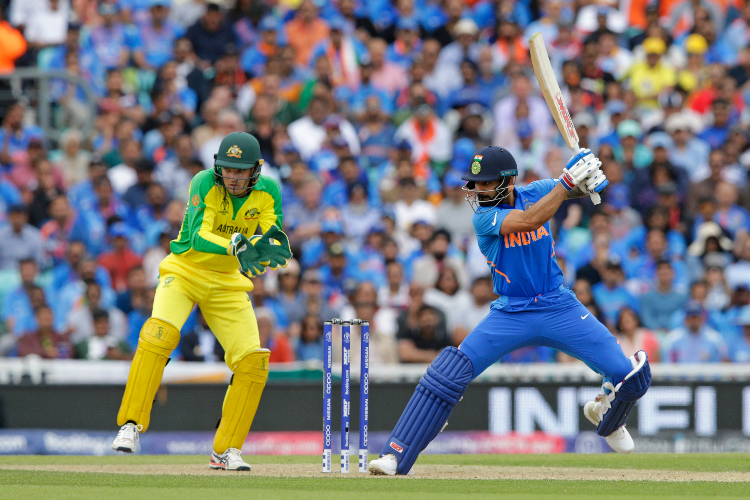 VIRAT KOHLI of India plays a shot during the ICC Cricket World Cup between India and Australia at The Oval in London, England.