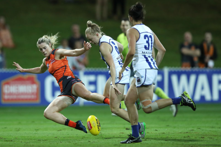 YVONNE BONNER of the Giants is tackled during the round two AFLW match between the Greater Western Sydney Giants and North Melbourne Kangaroos at Drummoyne Oval in Sydney, Australia.