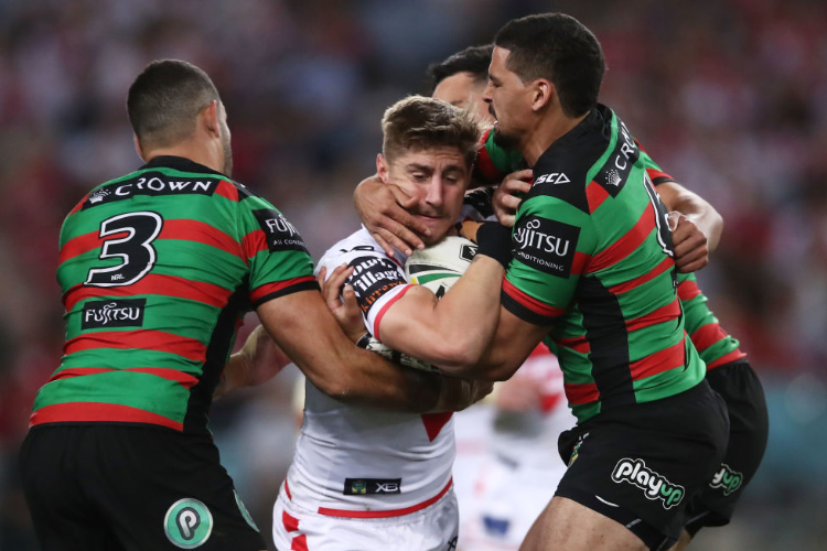 ZAC LOMAX of the Dragons is tackled during the NRL Semi Final match between the South Sydney Rabbitohs and the St George Illawarra Dragons at ANZ Stadium in Sydney, Australia.