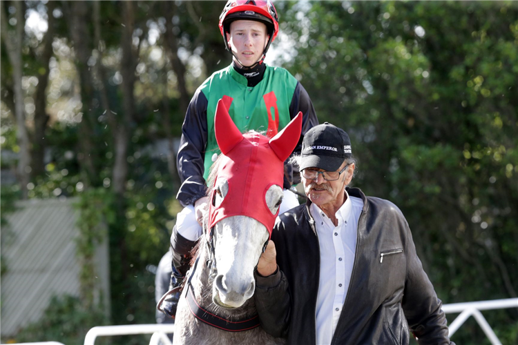Call Me Evie with trainer Bill Pomare before her win at Te Rapa
