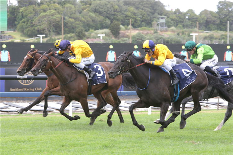 Communique (Blue & Gold cap outer) heads stablemate Karalino to win the Gr.3 McKee Family Sunline Vase (2100m)