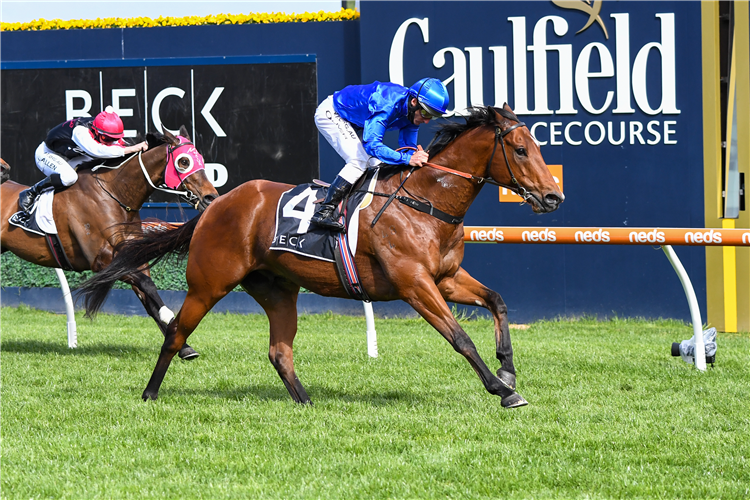 CORUSCATE winning the Beck Probuild Testa Rossa Stks at Caulfield in Australia.