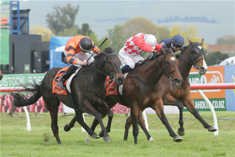 Hypnos (middle) holds out Rock On Wood (outer) and Vigor Winner (inner) to win the Gr.3 Red Badge Spring Sprint (1400m) at Hastings