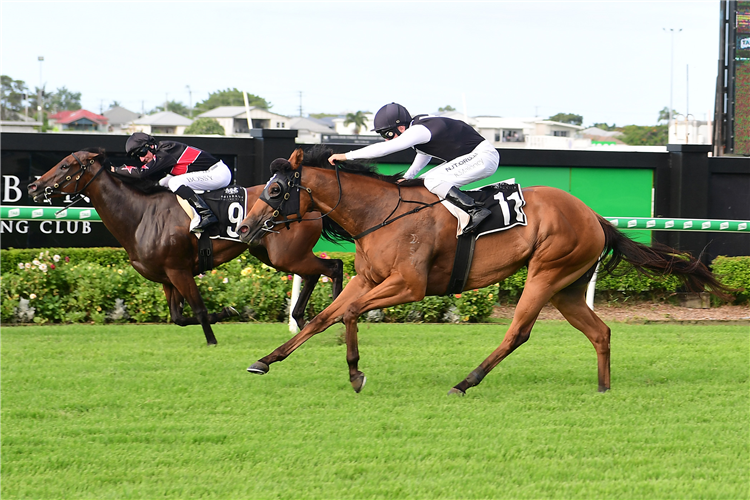 ISOTOPE (Black & White silks) winning the Hellbent Gold Edition at Doomben in Australia.