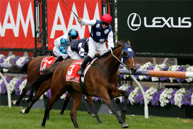 JOHNNY GET ANGRY winning the Victoria Derby at Flemington in Australia.