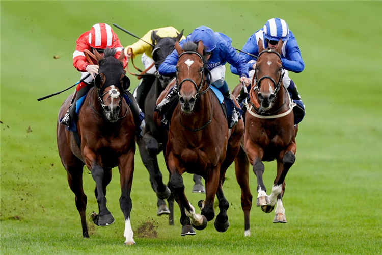LA BARROSA (Blue Cap) winning the Tattersalls Stakes at Newmarket in England.
