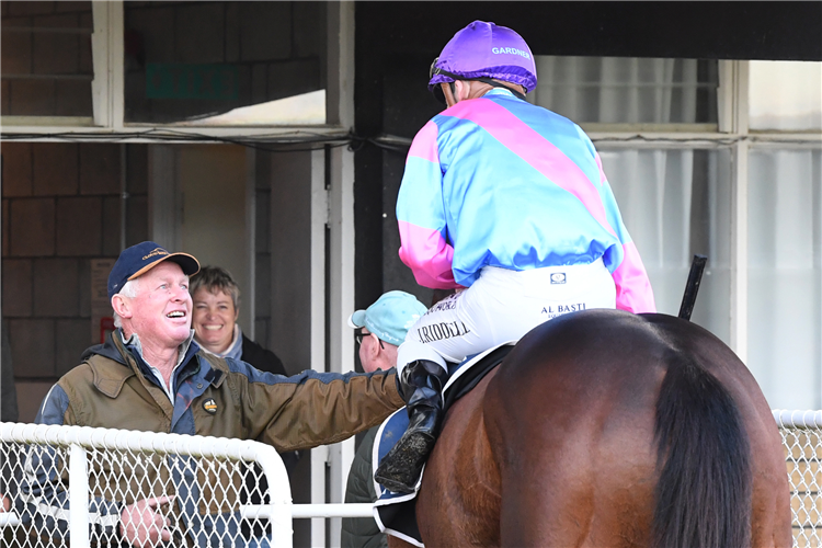 Gisborne trainer Mick Gardner welcomes back a victorious Nedwin at Woodville on Thursday.