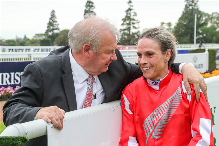 Michael Pitman with successful apprentice Meghann Gestain after her win aboard Our Girl Gilly