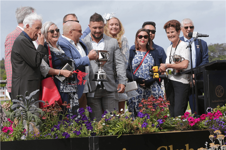Trainer Moira Murdoch (one from right) shares in the celebrations following Polzeath’s Gr.2 Joe McDonald Avondale Cup (2400m) victory
