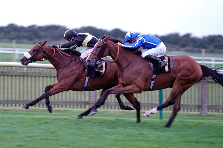 RANCH HAND (L) winning the Jockey Club Rose Bowl Stakes at Newmarket in England.