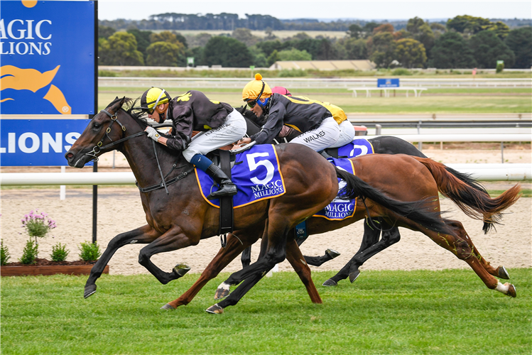 READILY AVAILABULL winning the MM 2yo Clockwise Classic.