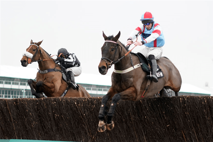 SIMPLY THE BETTS winning the Timeform Novices' Handicap Chase in Cheltenham, England.