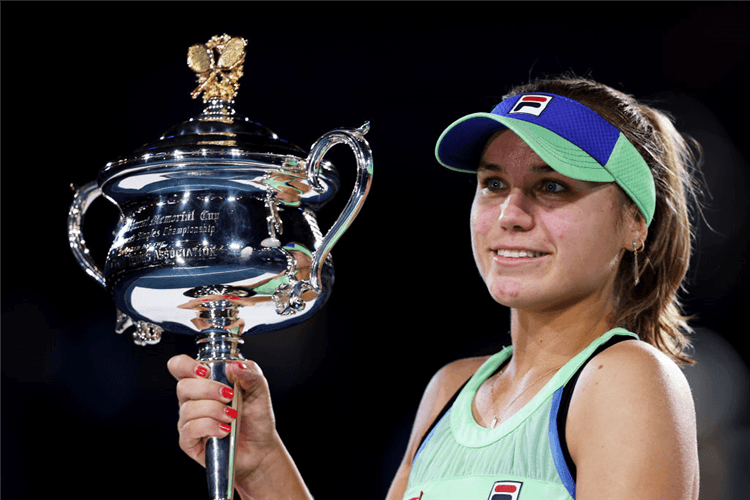 Sofia Kenin of the United States poses with the Daphne Akhurst Memorial Cup after winning her Women's Singles Final match against Garbine Muguruza of Spain on day at Melbourne Park ,Melbourne, Australia.