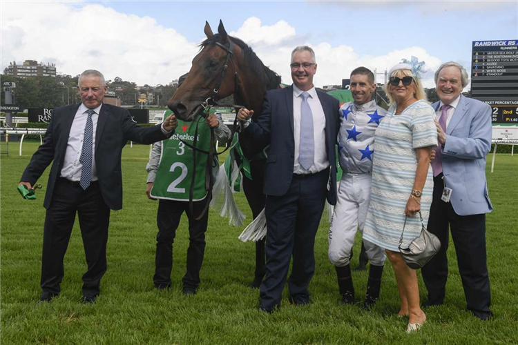 Happy connections pose with The Bostonian after his stunning win (from left: Chris McNab, Tony Pike, Nash Rawiller Diane Wright, David Archer)