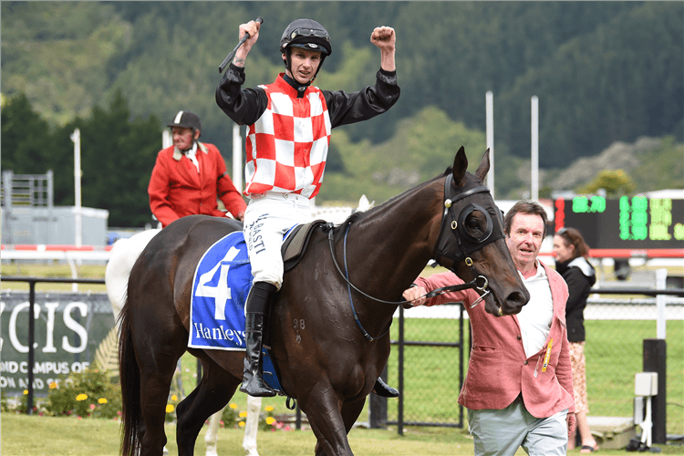 Shaun McKay celebrates his first Group One victory aboard Thorndon Mile (1600m) winner The Mitigator