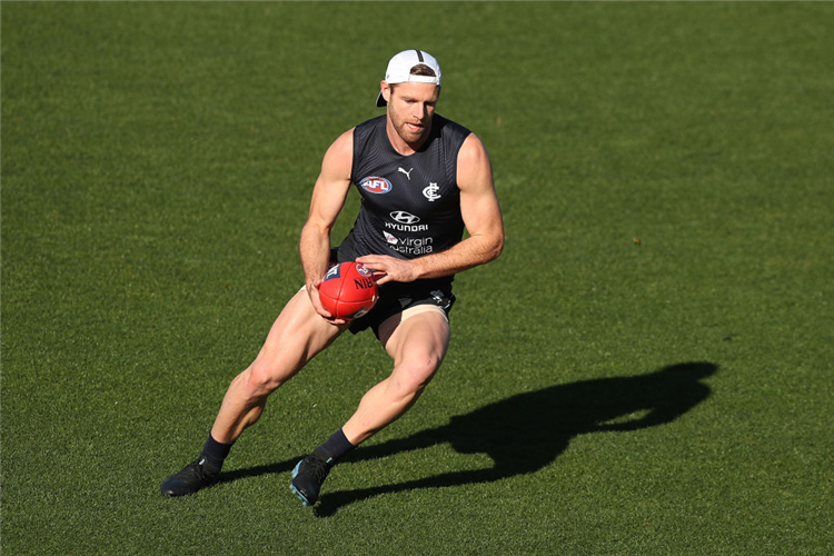 SAM DOCHERTY of the Blues in action during a Carlton Blues AFL training session at Ikon Park in Melbourne, Australia.