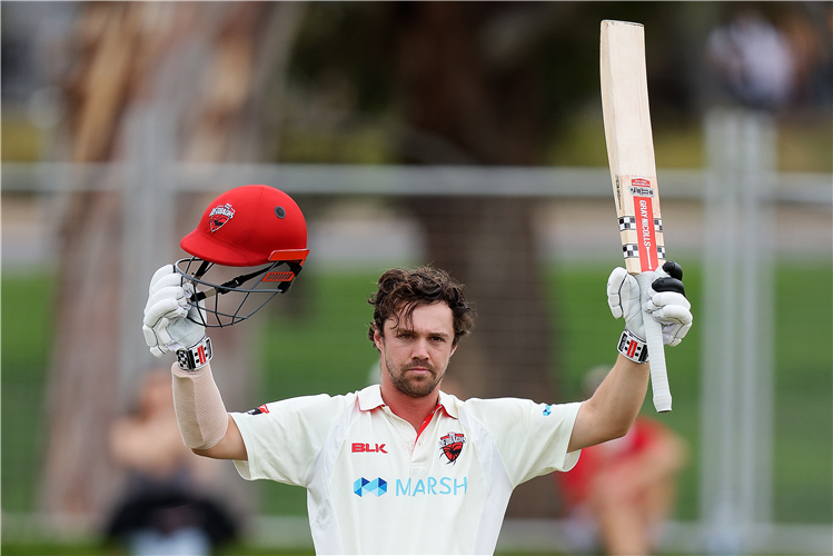 TRAVIS HEAD of the Redbacks reacts after scoring a century at Karen Rolton Oval in Adelaide, Australia.