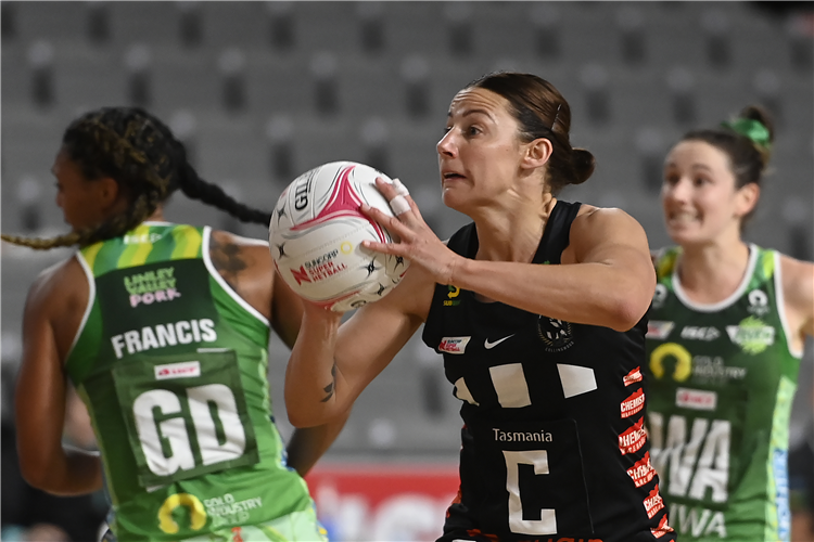 MADI BROWNE of the Magpies passes the ball during the round seven Super Netball match between the West Coast Fever and the Collingwood Magpies at Nissan Arena in Brisbane, Australia.