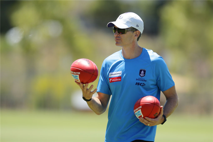 JUSTIN LONGMUIR, coach of the Dockers during a Fremantle Dockers AFL training session at Victor George Kallis Oval in Perth, Australia.