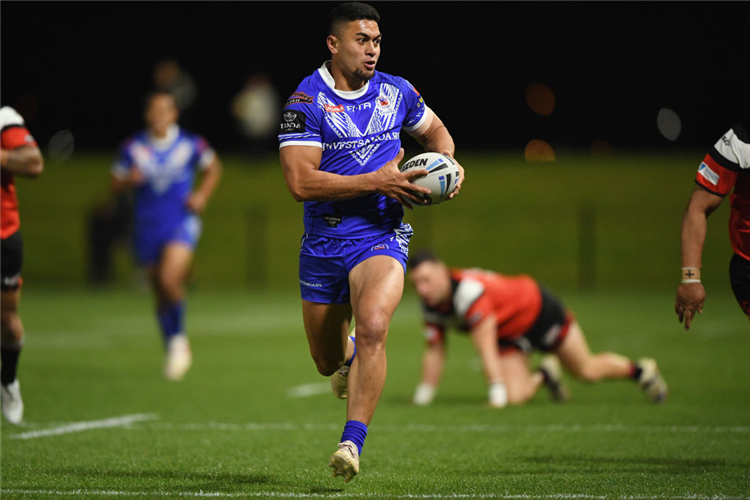 TIM LAFAI of Samoa runs through to score a try during the Rugby League match between the Canterbury Bulls and Toa Samoa in Christchurch, New Zealand.