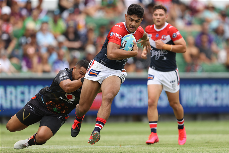 CORBAN MCGREGOR of the Roosters runs the ball during Day 2 of the 2020 NRL Nines between the Sydney Roosters and the New Zealand Warriors at HBF Stadium in Perth, Australia.