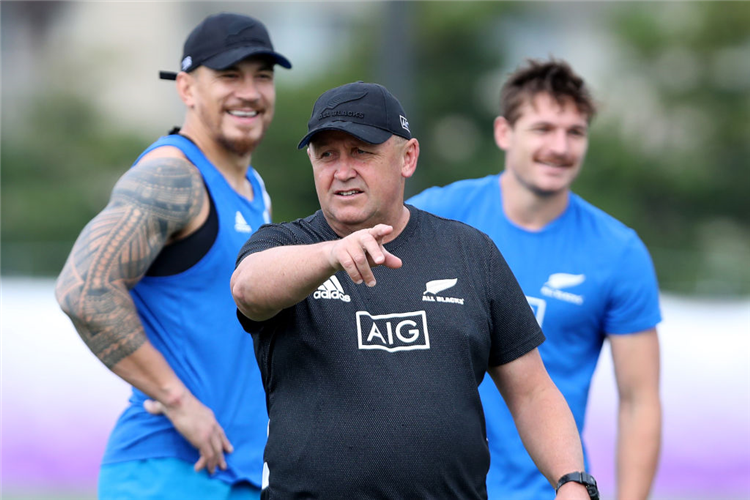 Coach IAN FOSTER of the All Blacks gives instructions during a New Zealand training session at the Arcs Urayasu Park in Urayasu, Chiba, Japan.