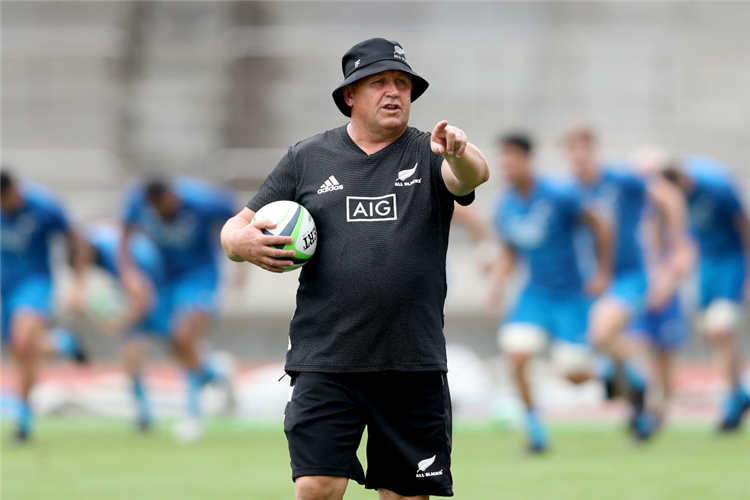 Coach IAN FOSTER of the All Blacks gives instructions during a New Zealand training session at Kashiwa no Ha Park Stadium in Kashiwa, Chiba, Japan.