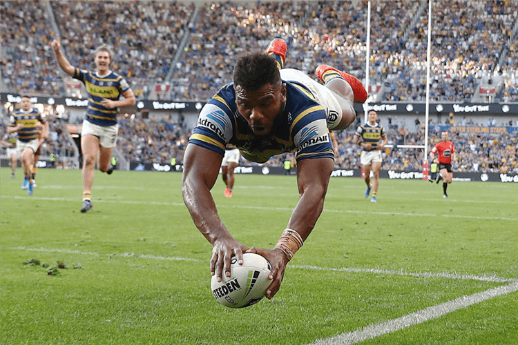 MAIKA SIVO of the Eels scores a try during the NRL Elimination Final match between the Parramatta Eels and the Brisbane Broncos at Bankwest Stadium in Sydney, Australia.