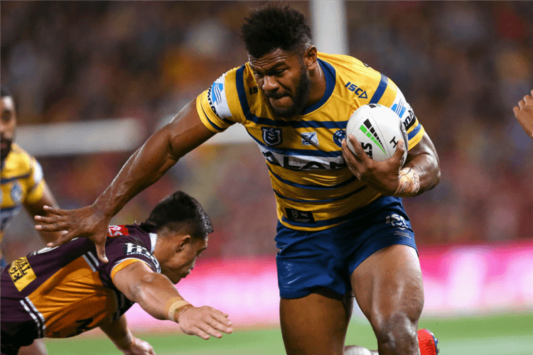 MAIKA SIVO of the Eels makes a run during the NRL match between the Brisbane Broncos and Parramatta Eels at Suncorp Stadium in Brisbane, Australia.