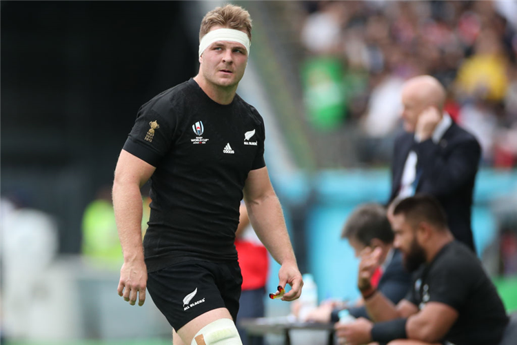 SAM CANE of New Zealand is seen after being replaced during the Rugby World Cup game between New Zealand and Namibia at Tokyo Stadium in Chofu, Tokyo, Japan.