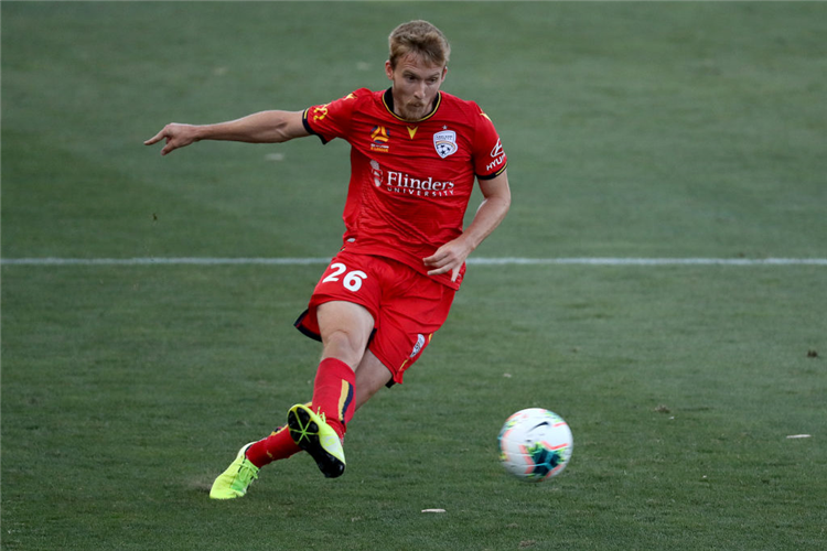BEN HALLORAN of Adelaide United in action during the A-League match between Adelaide United and the Melbourne Victory at Coopers Stadium in Adelaide, Australia.