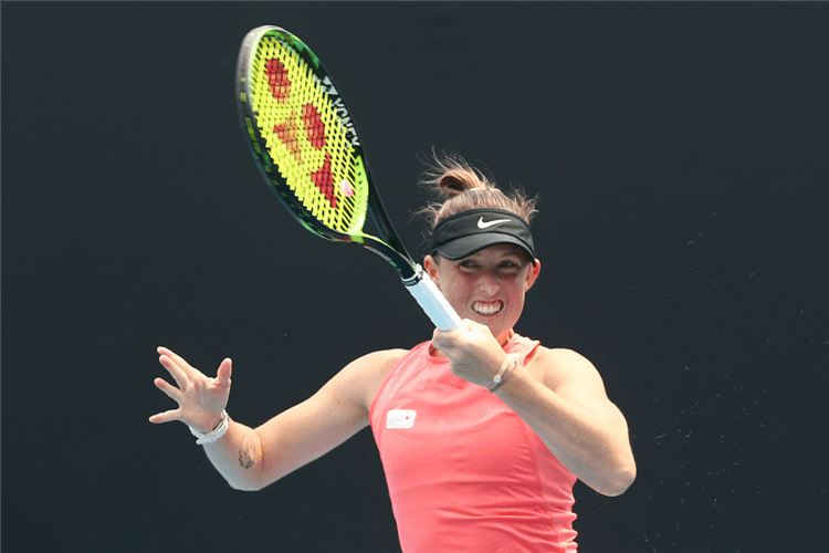 STORM SANDERS of Australia plays a forehand in her match at Melbourne Park in Melbourne, Australia.