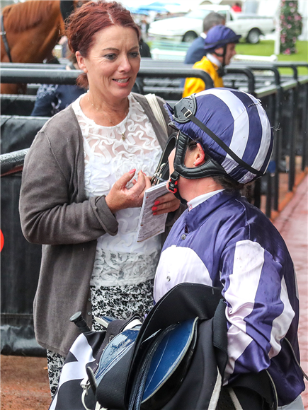 Terri Rae speaks with jockey Lisa Allpress after the win of Southern Ocean at Riccarton