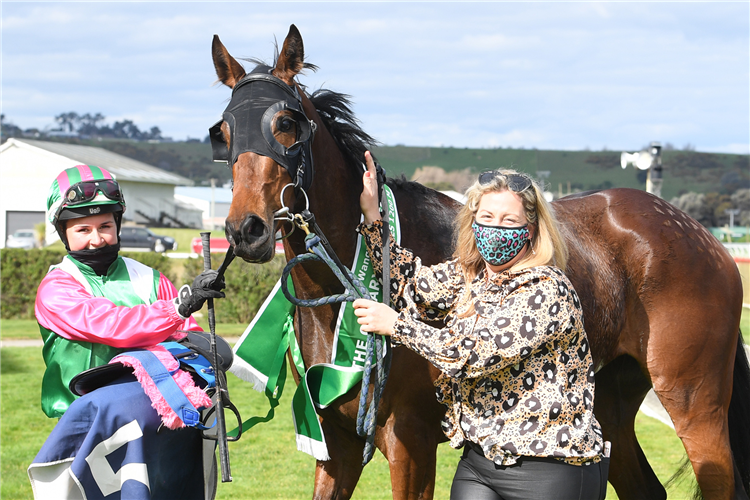 Trainer Chrissy Bambry (right) and jockey Sarah McNab celebrate their success with Bellacontte in the Listed O’Learys Filles Stakes (1200m) at Wanganui